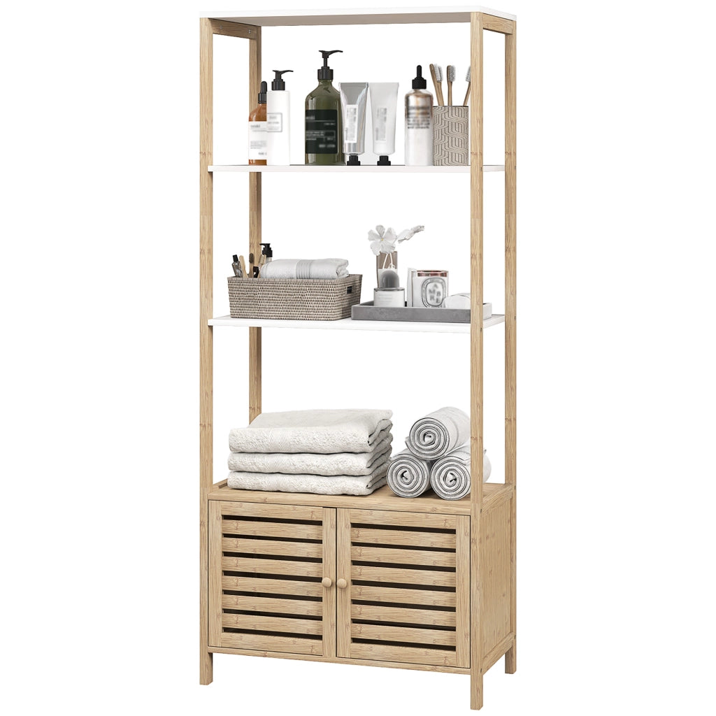 Mobile da Bagno in Bamb¨´ con 3 Ripiani e Ante a Lamelle ¨C Zephmum ¨C Naturale e Bianco 63x30x138 cm