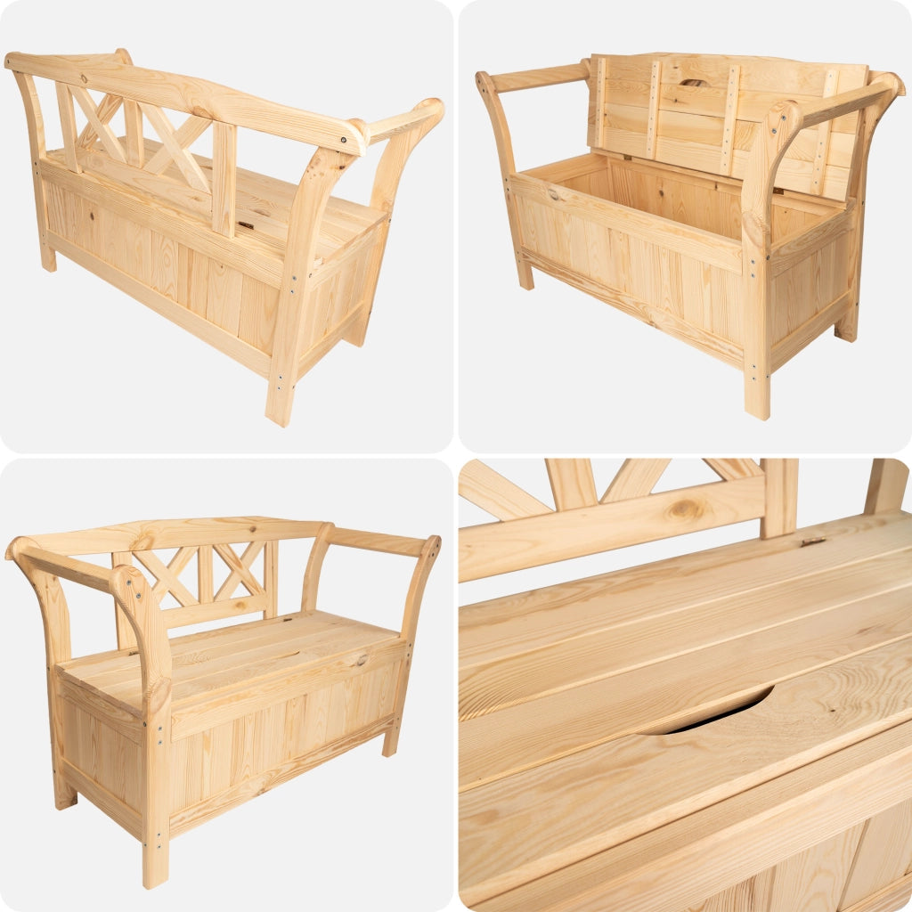Panchina da giardino in legno KADAX con contenitore e schienale per terrazzo, 119 cm