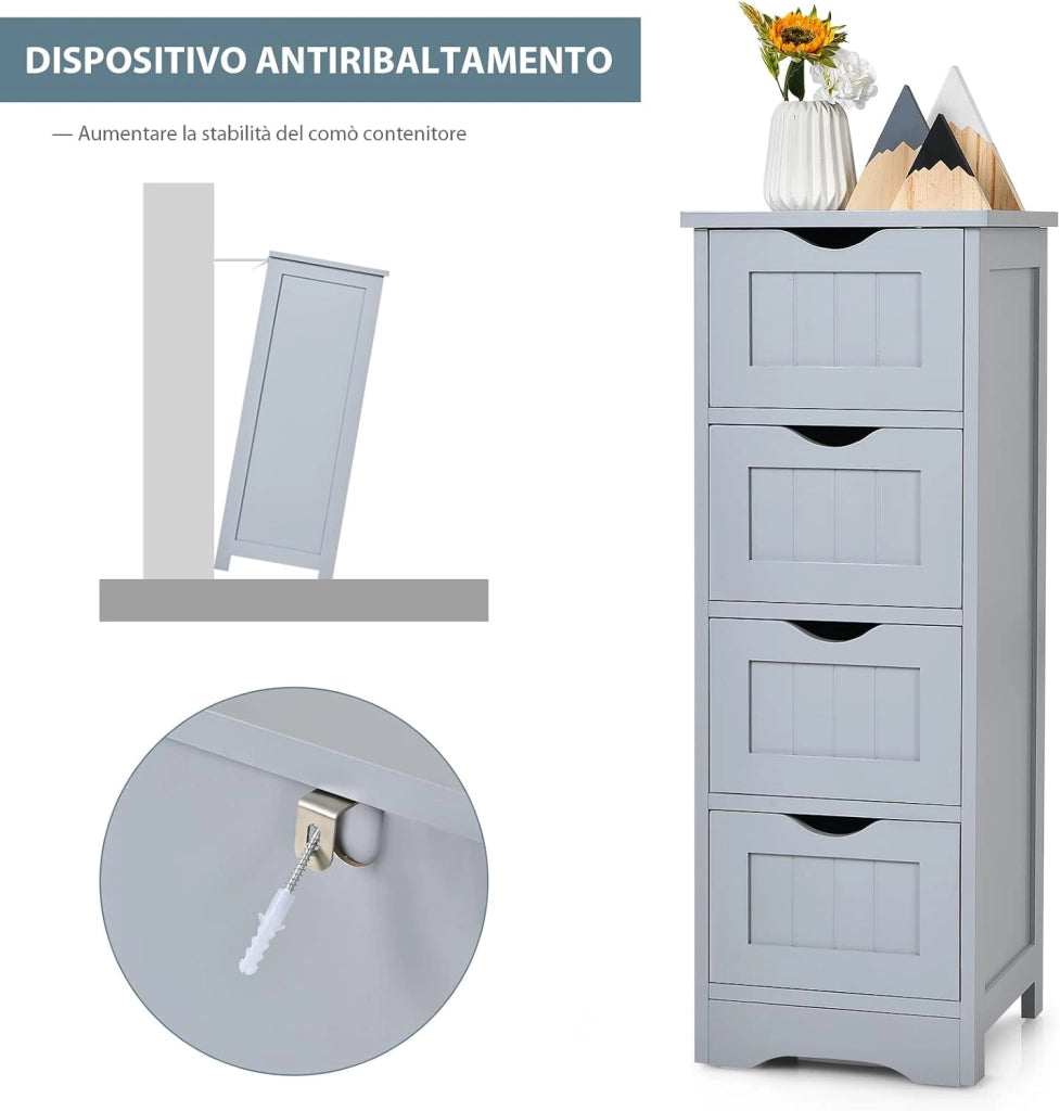 Cassettiera di Legno con Vari Cassetti, Cassettiera Verticale da Terra, Comò Moderno e Resistente, Mobiletto Autoportante per Salone Camera da Letto Bagno Ufficio (4 Cassetti, grigio)