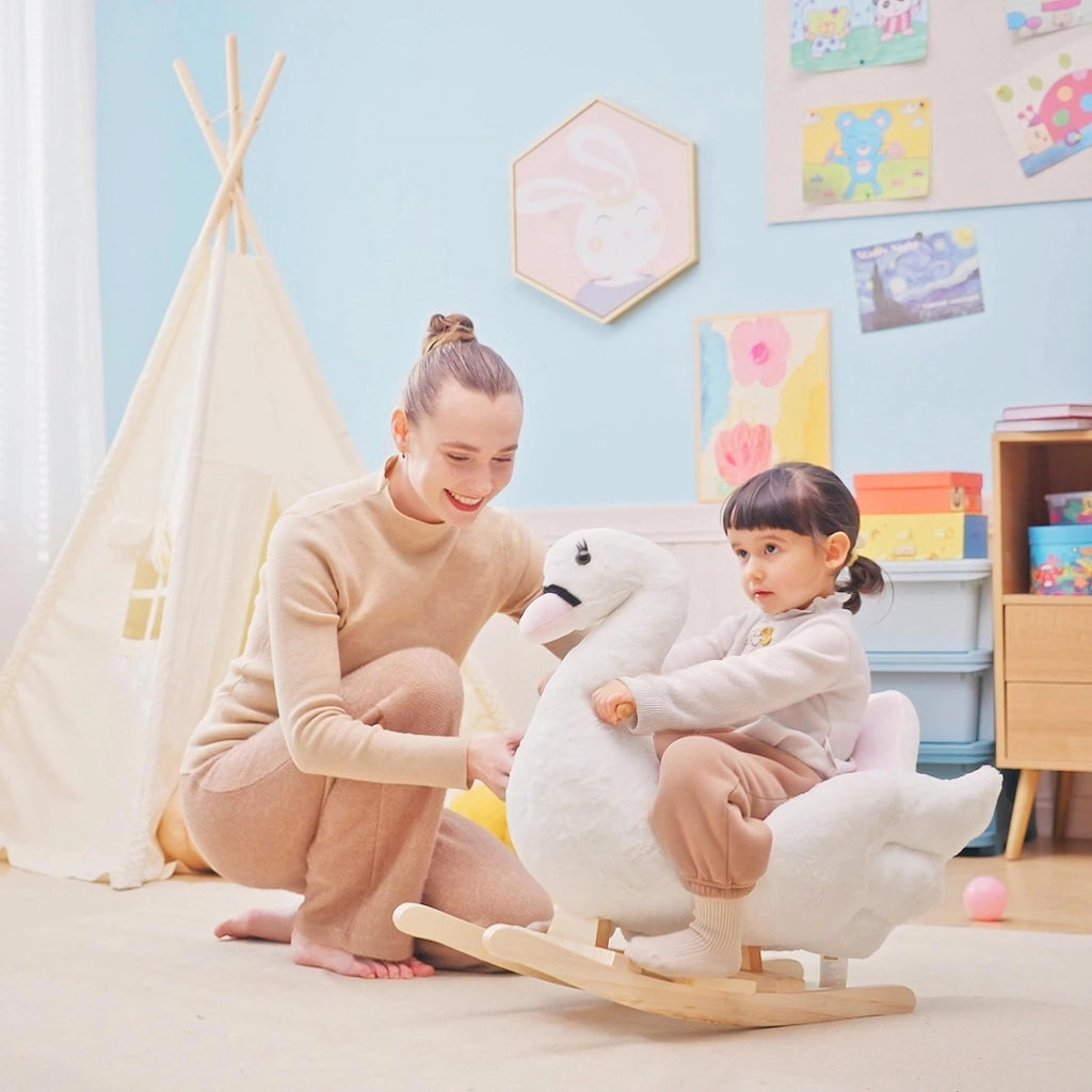 Cavallo a Dondolo per Bambini ¨C zephmum ¨C Plush Tessuto Legno 55 cm