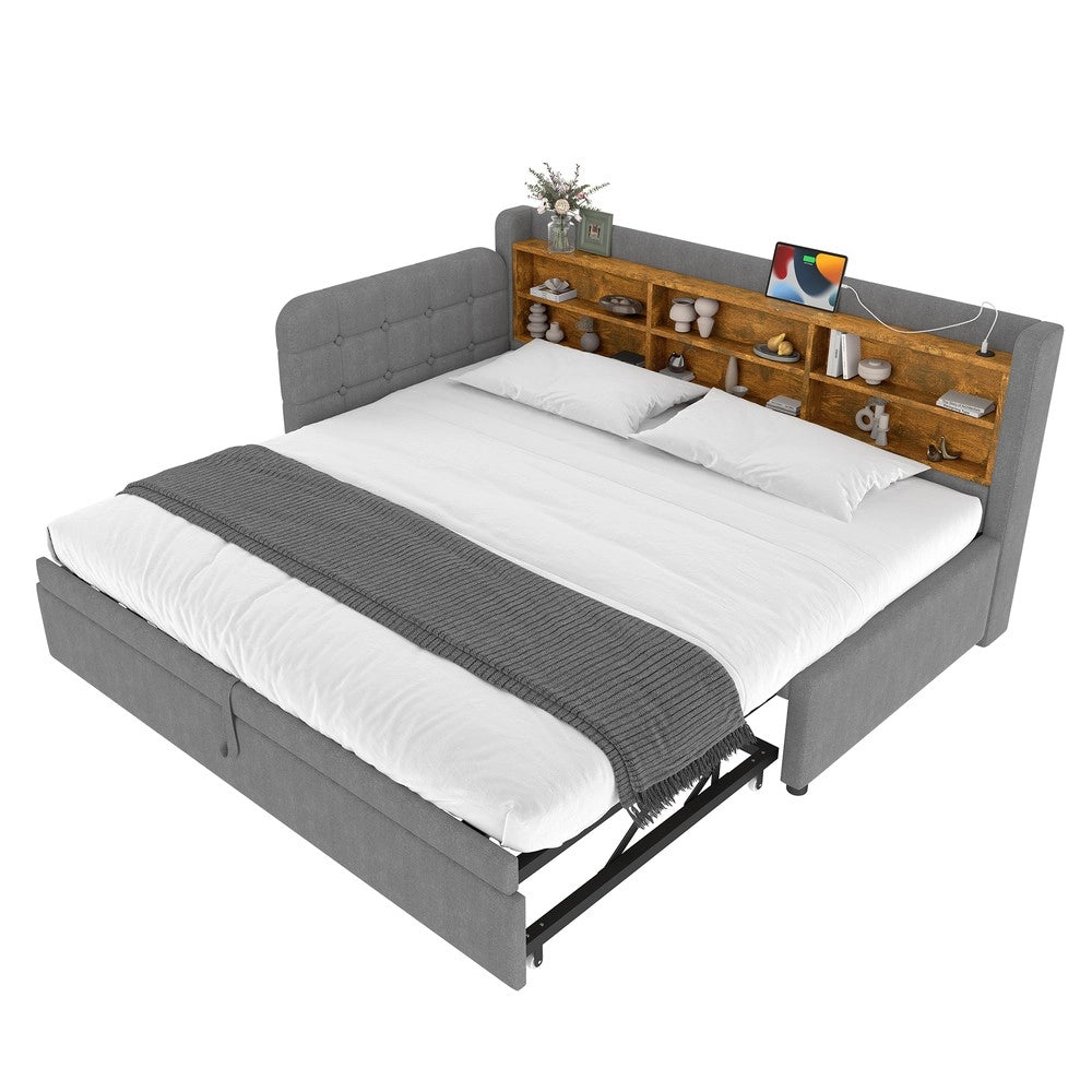 Letto Singolo Estraibile con Rete a Doghe e USB ¨C MINIMAL ¨C Tessuto Grigio 90x200 cm