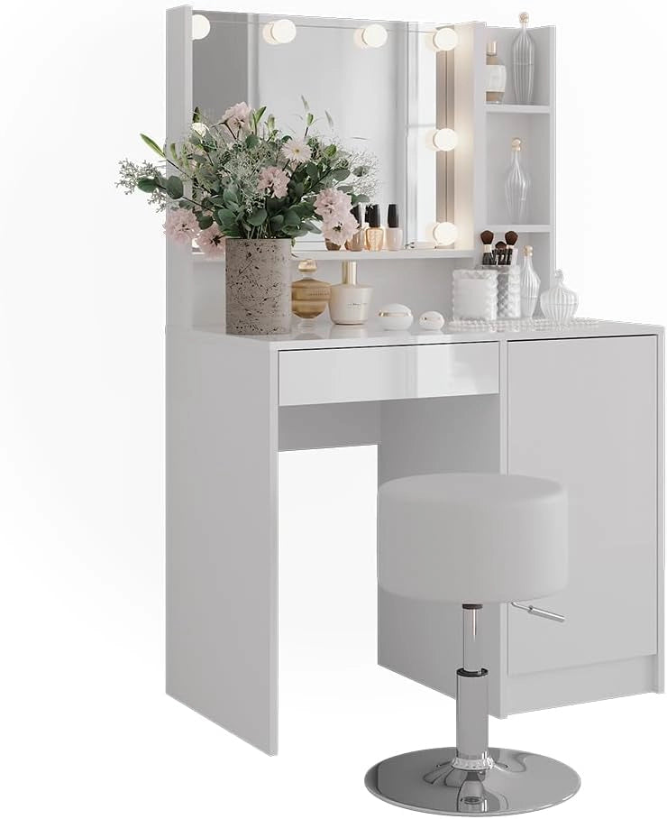 Tavolo da toeletta Sherry, Bianco/bianco lucido, 89.8 cm 5 parti