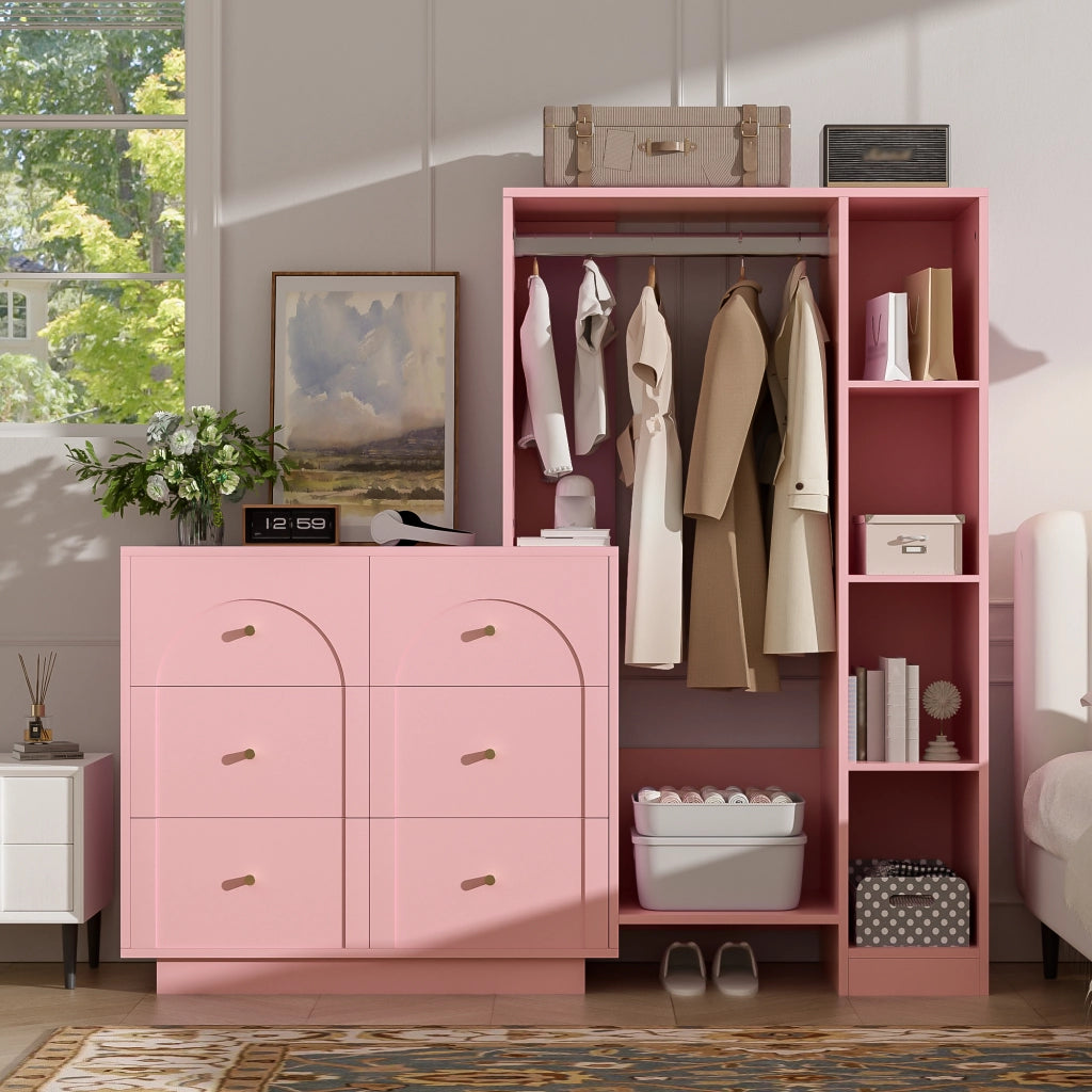 Armadio multifunzione aperto con 6 cassetti, barra appendiabiti e ripiani laterali, rosa, 139 ¡Á 35 ¡Á 133 cm