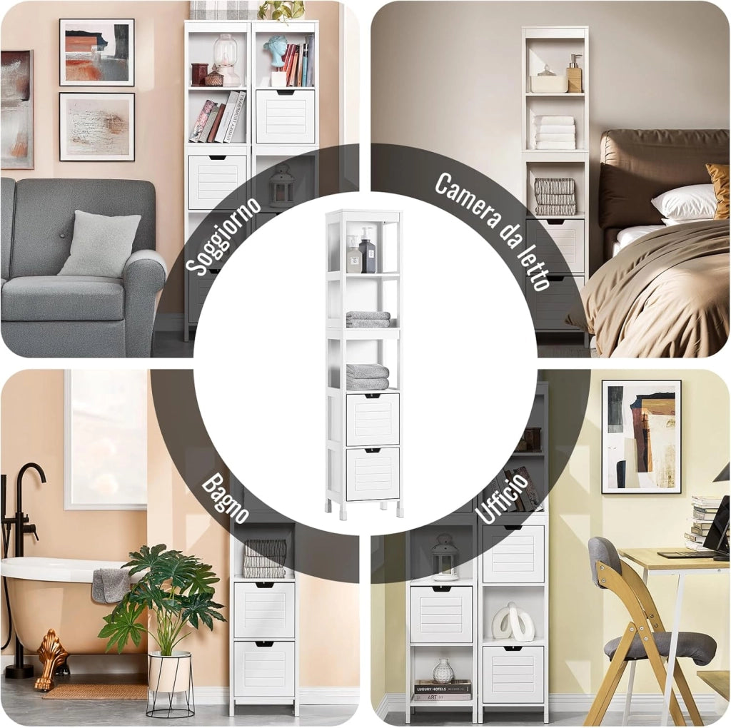 Mobile Bagno Salvaspazio Colonna Armadietto Verticale Slim con Ripiani Regolabili per Bagno Lavanderia Cucina Design Moderno Bianco Anti-Umidità 30x30x144cm FRG126-W