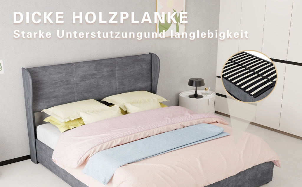Letto matrimoniale 160 × 200 cm con testiera imbottita, senza materasso, in tessuto e metallo, grigio