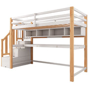 Letto a Soppalco Letto Singolo con Scala Contenitore; Scrivania e Scaffali; 90 x 200 cm; senza Materasso; Bianco e Rovere