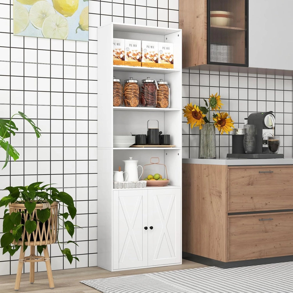 Libreria Scaffale con Ante, Libreria in Legno con 6 Ripiani e 2 Ante, Mobile Multiuso con Ripiano Regolabile per Soggiorno, Camera da Letto, Cucina, 60 x 24 x 180 cm, Bianco