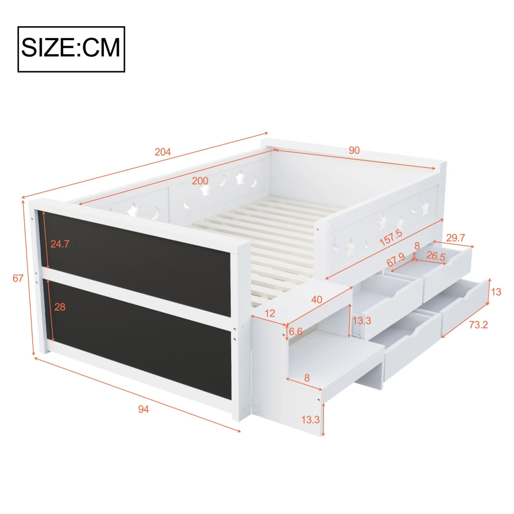 Letto singolo per bambini 90x200 cm con sponde stelle e luna; lavagna; cassetti; gradino e LED; legno bianco