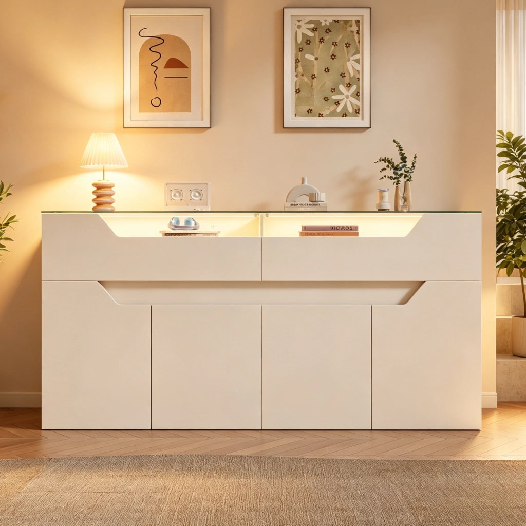 Credenza bianca in MDF con vetro temperato, due cassetti e illuminazione controllabile integrata