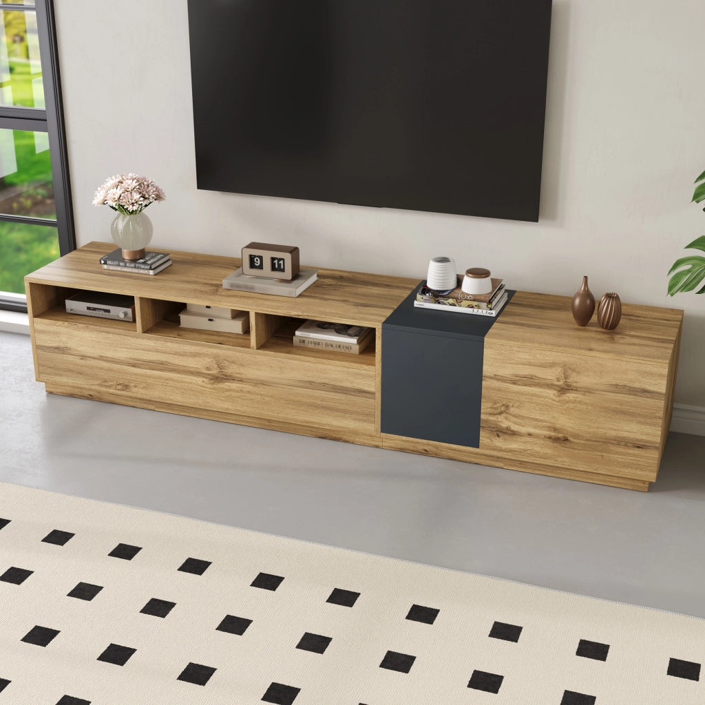 Mobile TV con 3 Vani Aperti e Passacavi; 3 Ante con Ripiani; Stile Moderno; in Pannelli di Particelle; 200??45??45 cm; Grigio Nero
