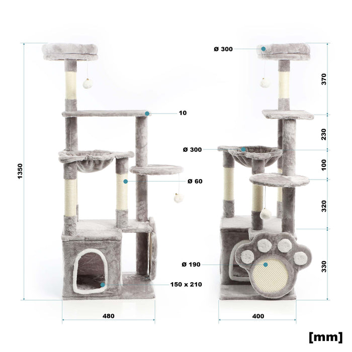 Fudajo Albero tiragraffi grigio con zampa 135cm Con sisal e casetta Cuccia per gatti Nicchia