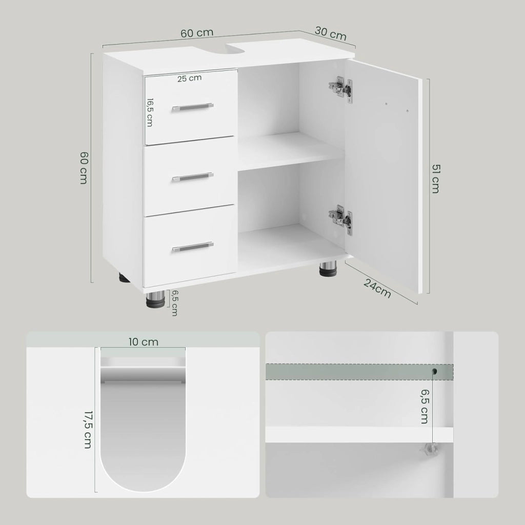 Mobile da Bagno Sottolavello, Mobile con 3 Cassetti e 2 Livelli, per Lavabo da Bagno Bianco, Legno Ingegnerizzato, con Ritaglio Per Sifone D17,5xL10 cm