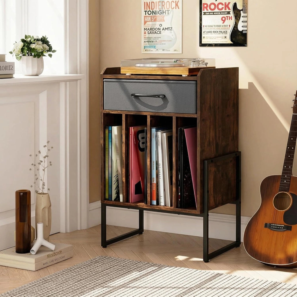 Supporto per Giradischi, Mobile Giradischi in Legno con Cassetto in Tessuto e 4 Scomparti, per fino a 160 Dischi in Vinile, Scaffale per Dischi in Stile Retrò per Soggiorno e Camera da Letto