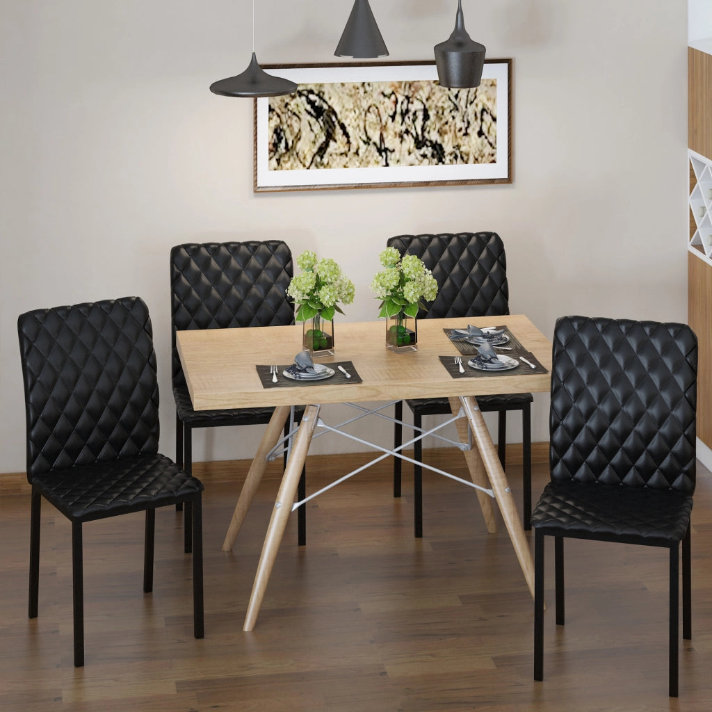 Set 4 Sedie da Pranzo in Similpelle con Cuciture a Rombi e Gambe in Metallo, Nero ¨C Zephmum ¨C 4 Pezzi