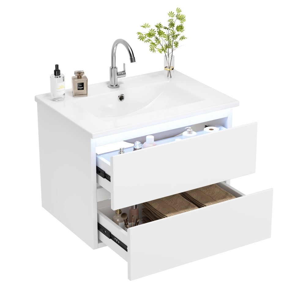 Mobile Bagno Sospeso con Lavabo Integrato e LED ¨C Xylo ¨C Bianco, 2 Cassetti, 61x46x45 cm