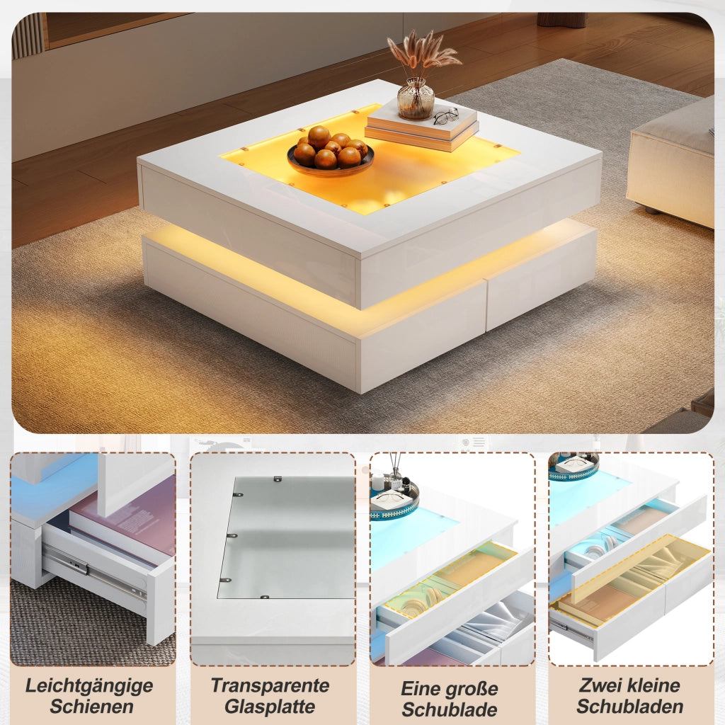 TAVOLINO DA SALOTTO 70 x 70 x 35 cm Bianco lucido con LED e 3 cassetti