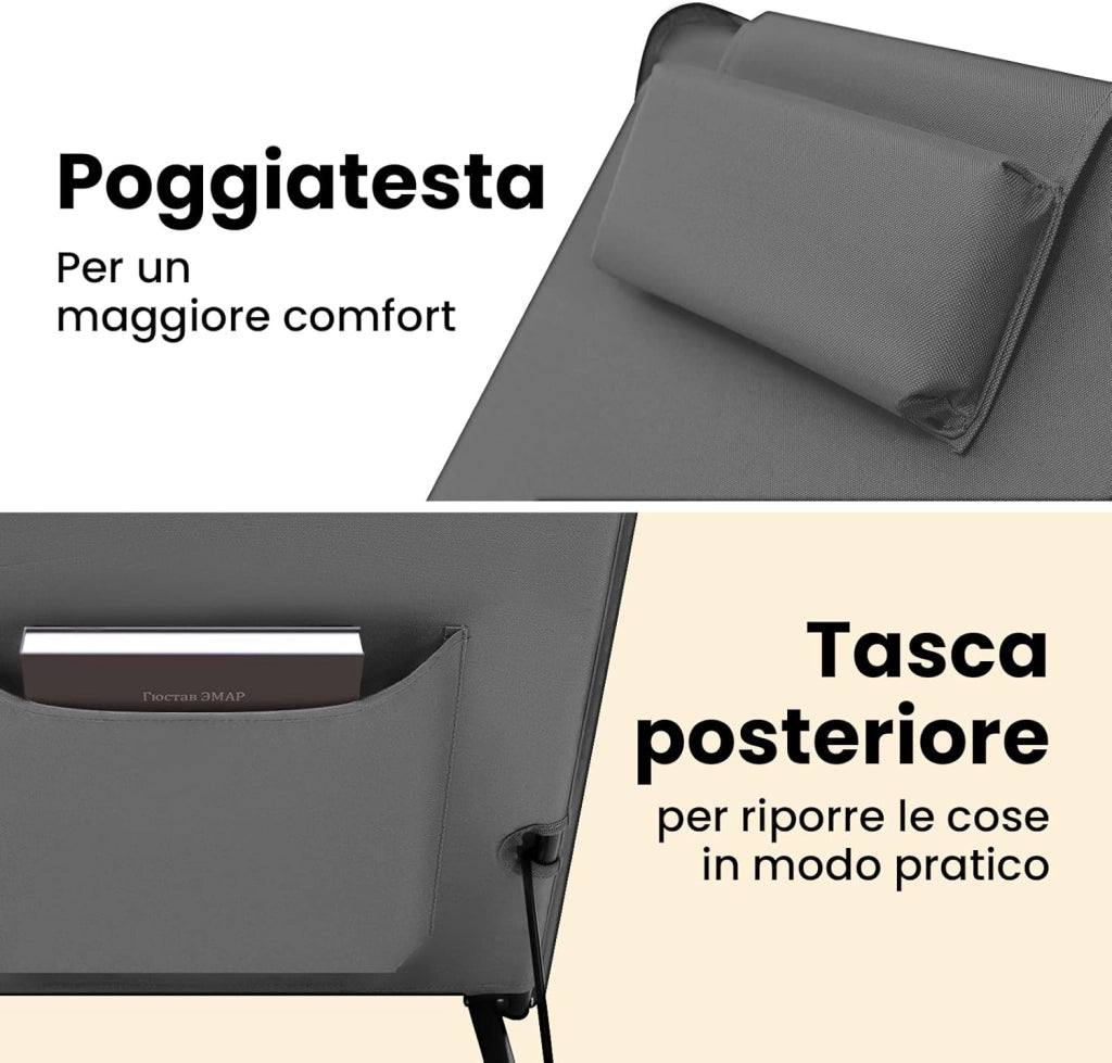 Set di 2 Lettino da Spiaggia Prendisole Pieghevole, Schienale Regolabile in 3 Angolazioni, con Poggiatesta, Sdraio da Spiaggia, in Oxford e Metallo, Grigio Scuro
