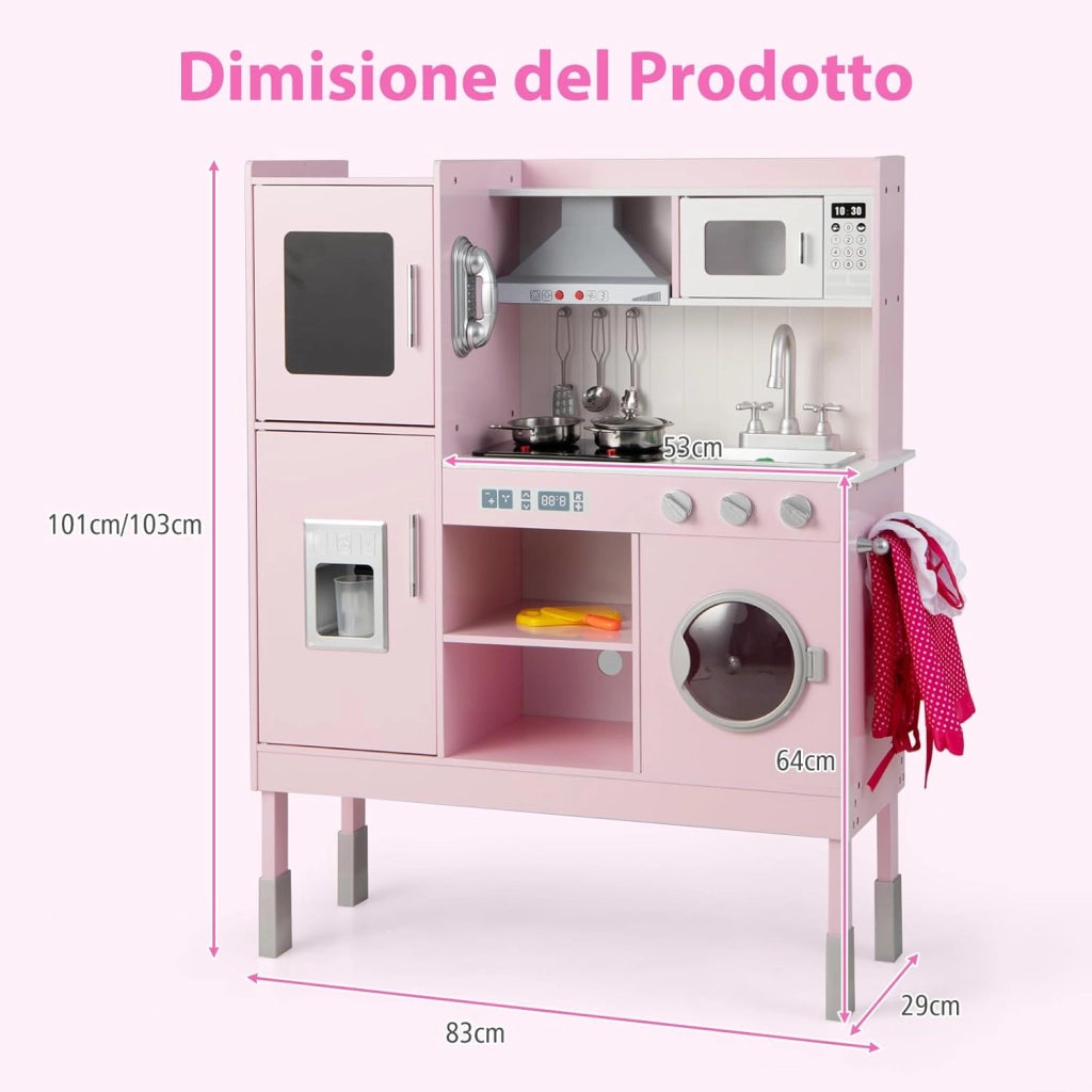 Cucina Giocattolo per Bambini, Cucina Legno per Bambini con Macchina del Ghiaccio, Telefono, Lavatrice, Microonde, Altezza Regolabile, Funzione Luci e Suoni, per 3+ Anni (Rosa)