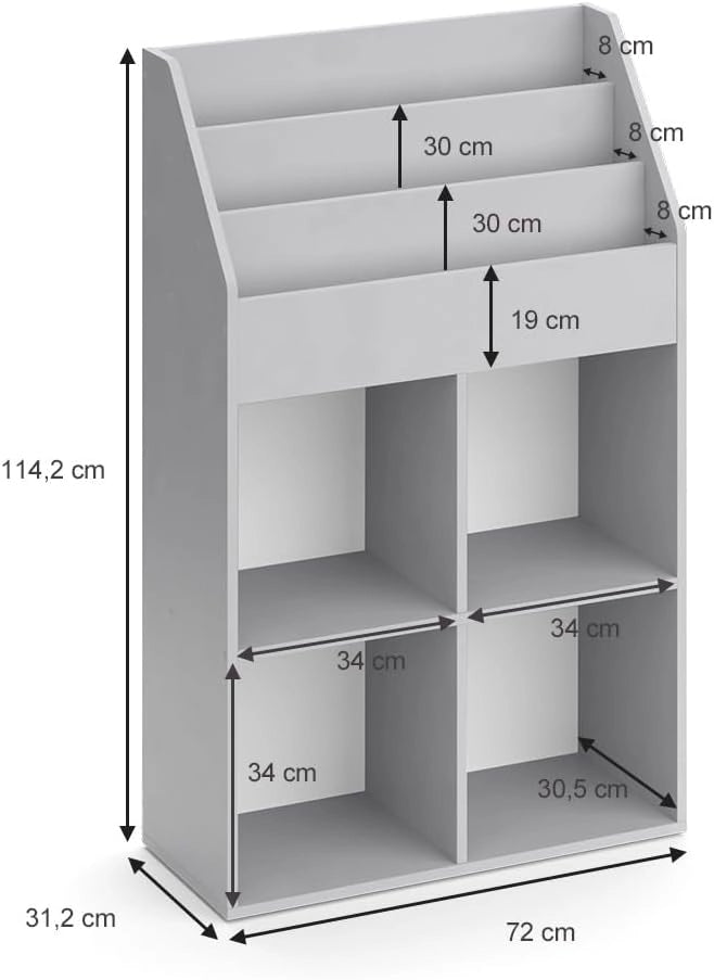 Libreria bambini Luigi, Grigio, 72 x 114.2 cm, combinabile per riporre giocattoli e libri
