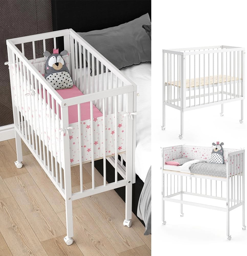Lettino da attaccare al letto Sophie, Bianco, 94 x 42.5 cm 2 guide laterali, regolabile in altezza con ruote e fissaggio al letto dei genitori