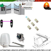 CANCELLO AUTOMATICO KIT MOTORE A BRACCIO ARTICOLATO 220/24 V ANTA BATTENTE DA 0,5 A 2,5 MT CENTRALE 5 RADIOCOMANDI FARO SELETTORE FOTOCELLULE