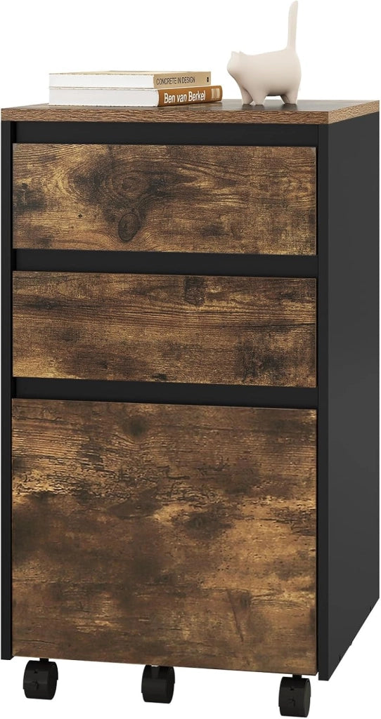 Cassettiera da Ufficio, Cassettiera Portadocumenti a 3 Cassetti, Mobiletto Portaoggetti con Ruote per Studio, Camera da Letto, in Legno, Rovere Vintage e Nero, 40x40x70cm, ASK01hov