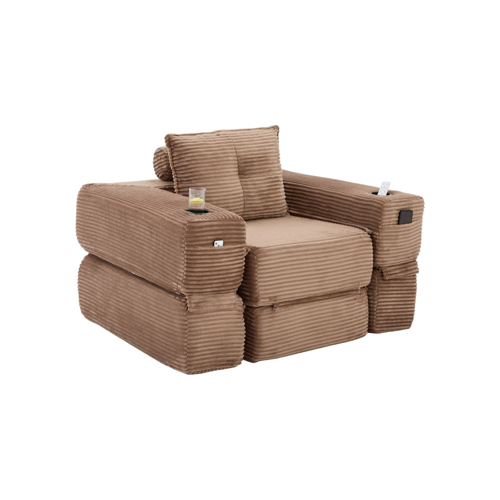Divano letto modulare in cord con tasche laterali e portabicchieri - marrone - 122×98×80 cm
