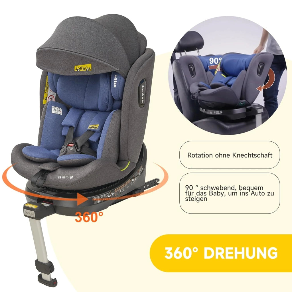 Seggiolino auto per bambini girevole 360° i-Size ISOFIX con reclinazione e capottina in tessuto blu