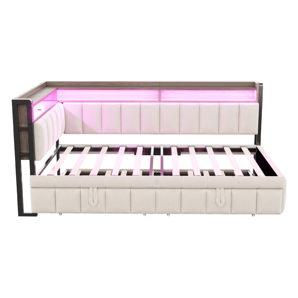 Divano letto 90x200 cm con LED; vani portaoggetti; USB e Type-C in velluto beige