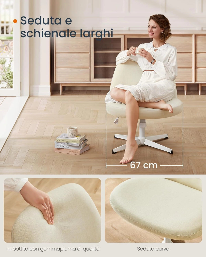 Sedia da Ufficio, Sedia da Studio Girevole, Stile Contemporaneo con Base a Croce, Seduta Ampia e Confortevole, Altezza Regolabile, Tessuto Cotone-lino, Bianco Crema OBG046W01