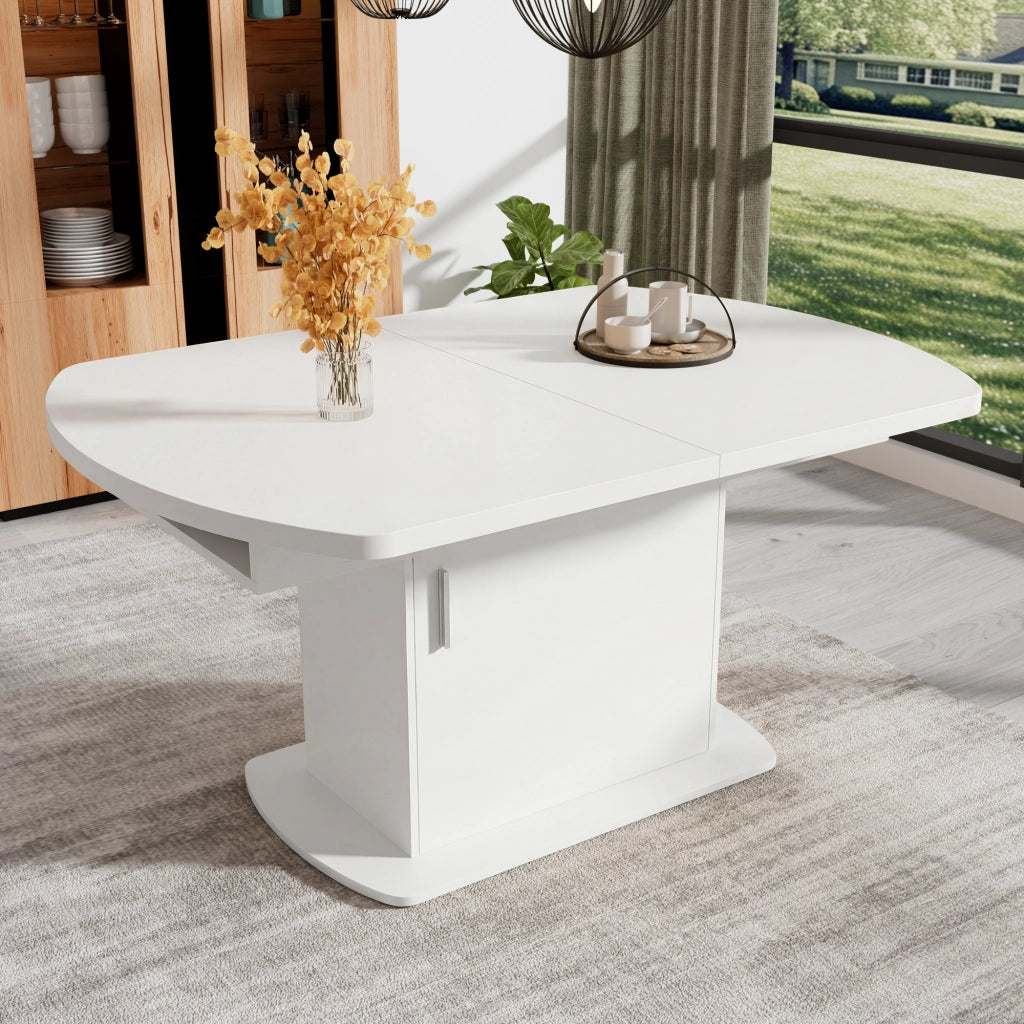 Tavolo da pranzo allungabile ovale con vani contenitore e ante, per sala da pranzo e cucina, in truciolare, bianco