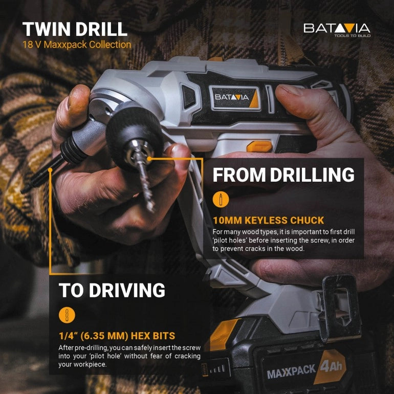 BATAVIA Trapano avvitatore a batteria TWIN DRILL 18V MAXXPACK | escl. Caricabatterie