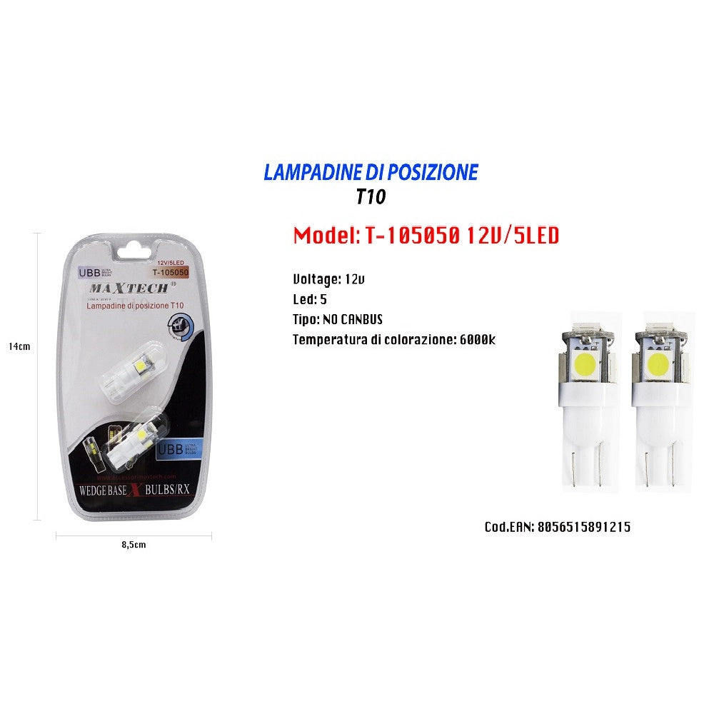 Trade Shop - Lampadine Di Posizione T10 Maxtech T-105050 12v 5led Lampadine Ultra Luminose 6000k -