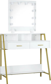 Tavolo da Bagno con Illuminazione e Specchio - 90x40x135 cm - Bianco con Oro