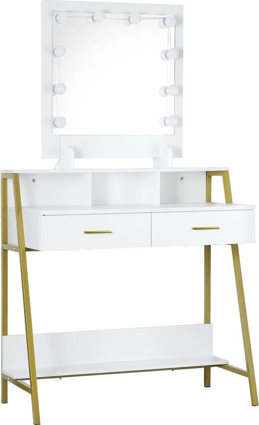 Tavolo da Bagno con Illuminazione e Specchio - 90x40x135 cm - Bianco con Oro