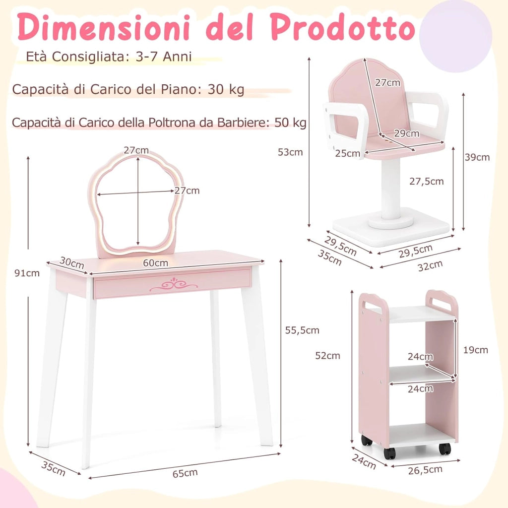 Set Toeletta per Bambini con Specchio Illuminato a LED | Tavolo per Manicure con Poltrona Girevole e Carrello con Ruote, Postazione Trucco con Asciugacapelli e Pettine per Bambini 3+