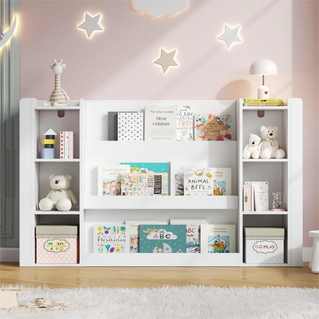 Libreria per bambini con contenitori, scaffale porta libri e giochi, mobile in MDF bianco 140 x 30 x 95 cm