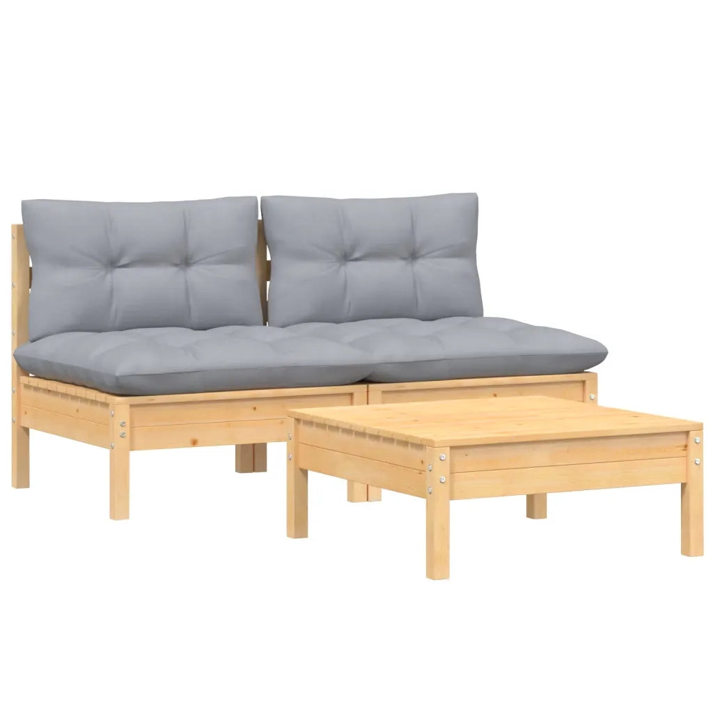 Set Divani da Giardino 3 pz | Set Salotto da Giardino con Cuscini Grigi Massello di Pino
