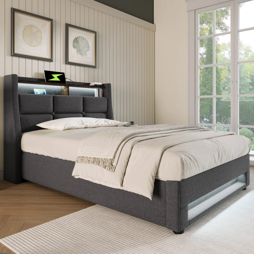 Letto Singolo 90 x 200 cm; Letto con Testiera Regolabile; senza Materasso; in Lino e Metallo; Grigio Beige