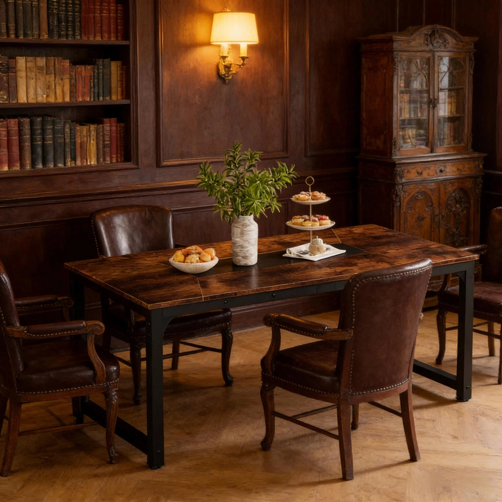 TAVOLO da pranzo rettangolare in metallo e legno nero e marrone rustico