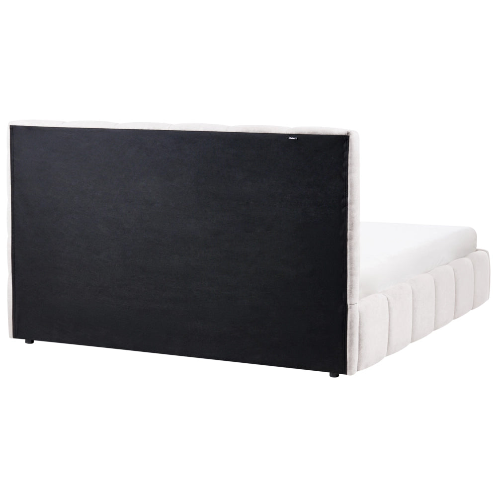 Letto matrimoniale contenitore con trapuntatura verticale in tessuto bianco sporco 180x200 cm struttura sollevabile e testiera alta