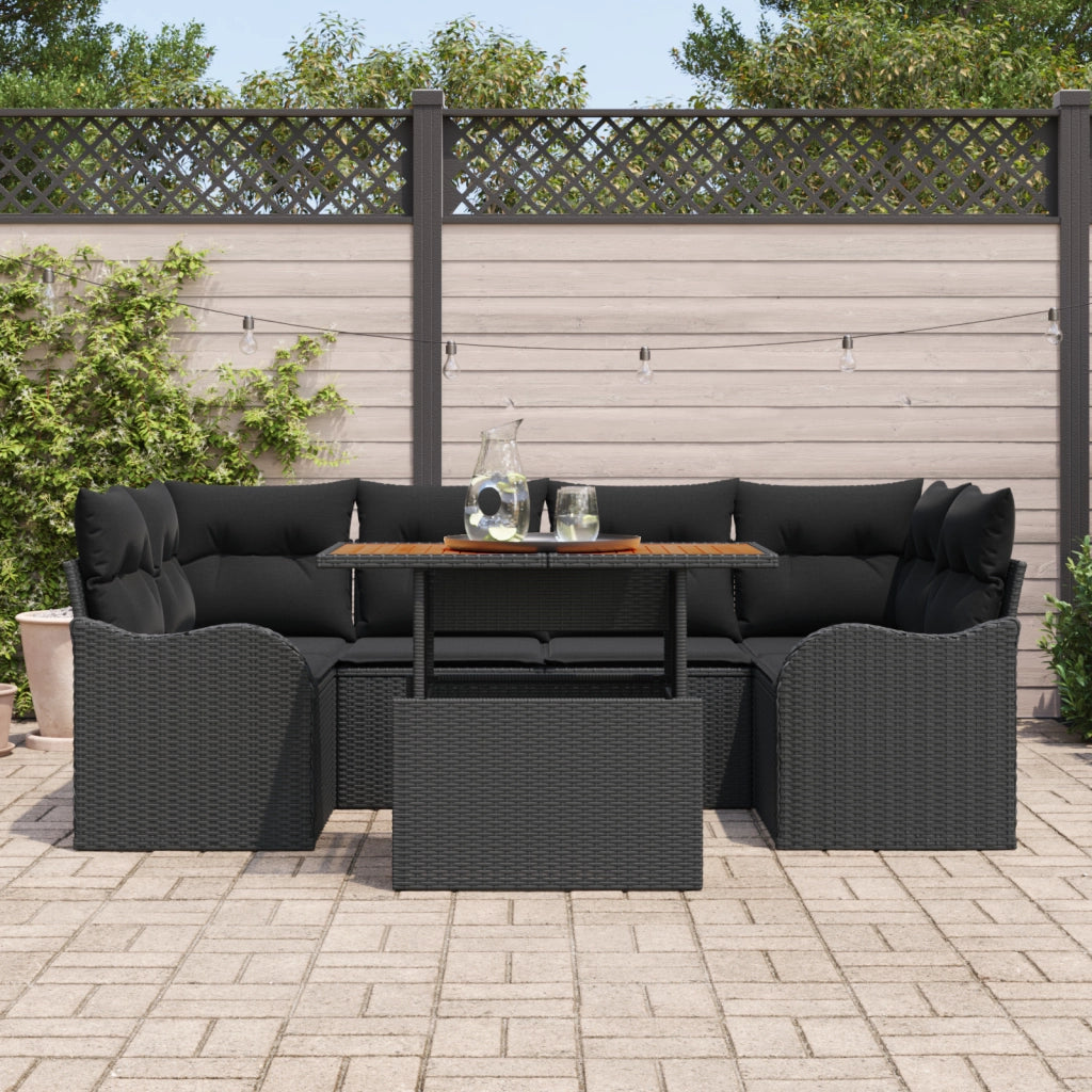 Set di Divani da Giardino a 7 Pezzi con Cuscini Nero Rattan Polimero
