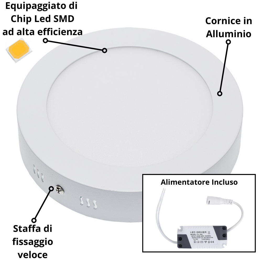 Plafoniera led soffitto 12watt slim tonda alimentatore incluso temperatura 6000k bianco freddo