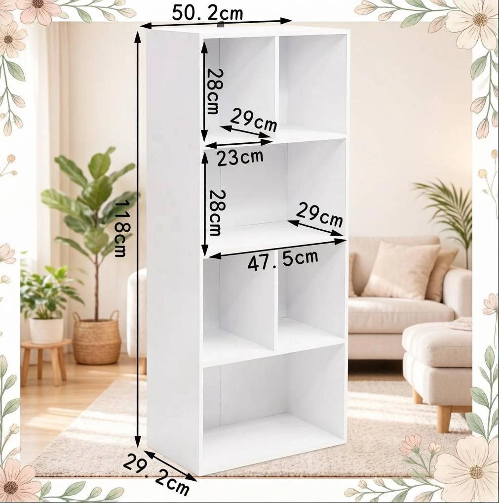 Libreria 50x30x118 cm in MDF bianco， 6 scomparti， salvaspazio verticale