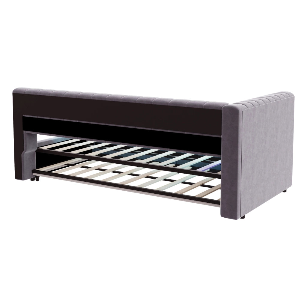 OKWISH Letto a Divano 90×200 cm, Letto Singolo con Letto Estraibile, LED Regolabile, USB, Tipo C e Mensole, senza Materasso, Grigio Chiaro