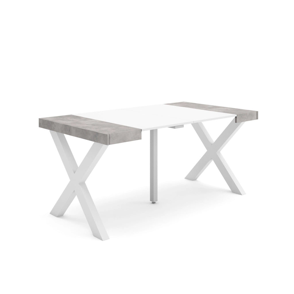 Consolle allungabile, 58 fino 160x90x73cm, Per 8 persone, Gambe in legno, Bianco e grigio cemento RF2736