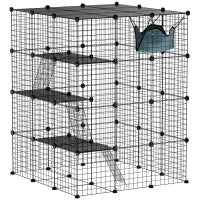 Gabbia per Gatti Modulabile a 4 Livelli con Piattaforme, Rampe e 5 Porte, in Acciaio e PP, 105x105x140 cm, Nero
