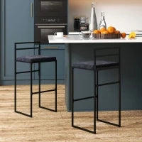 Set di 2 Sgabelli da Bar Alti con Cuscino di Seduta in Velluto, Poggiapiedi, Altezza 74 cm, Nero
