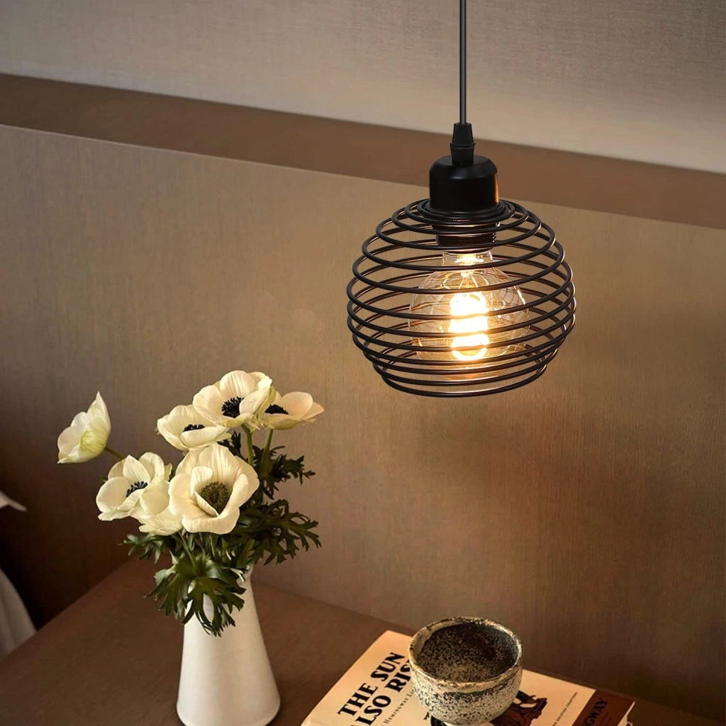 Lampada a Sospensione ZMH design vintage nero E27 diametro 15cm molla metallo con presa e interruttore per soggiorno
