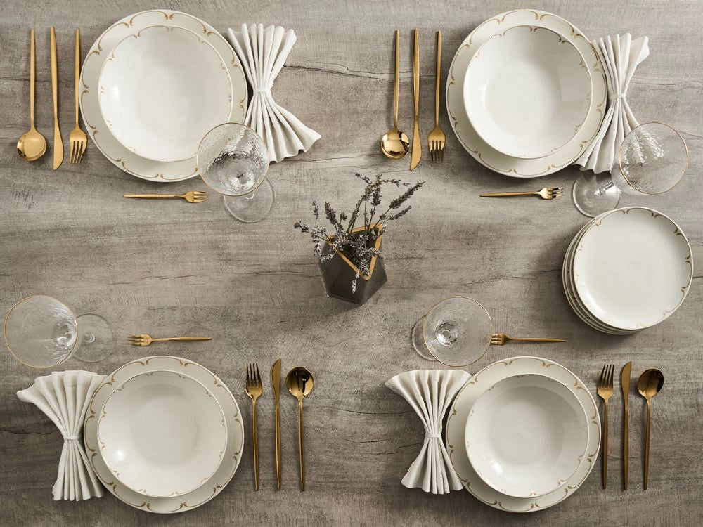 Set da 24 pezzi di stoviglie in porcellana con bordi decorativi finitura smalto trasparente bianco e oro per cucina e sala da pranzo